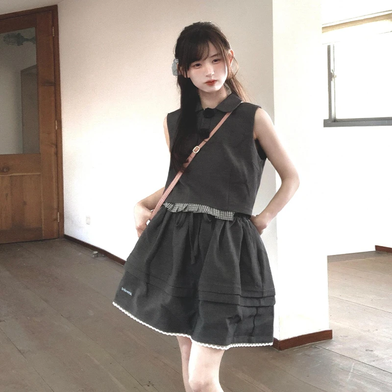 学院风灰色无袖衬衫套装连衣裙子女装夏季2025新款小个子穿搭短裙