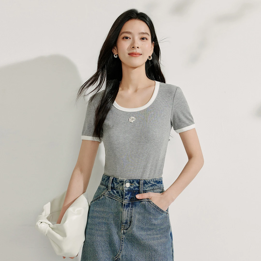 【一秒入夏】茵曼夏季时尚撞色U领刺绣T恤女休闲通勤正肩短袖上衣