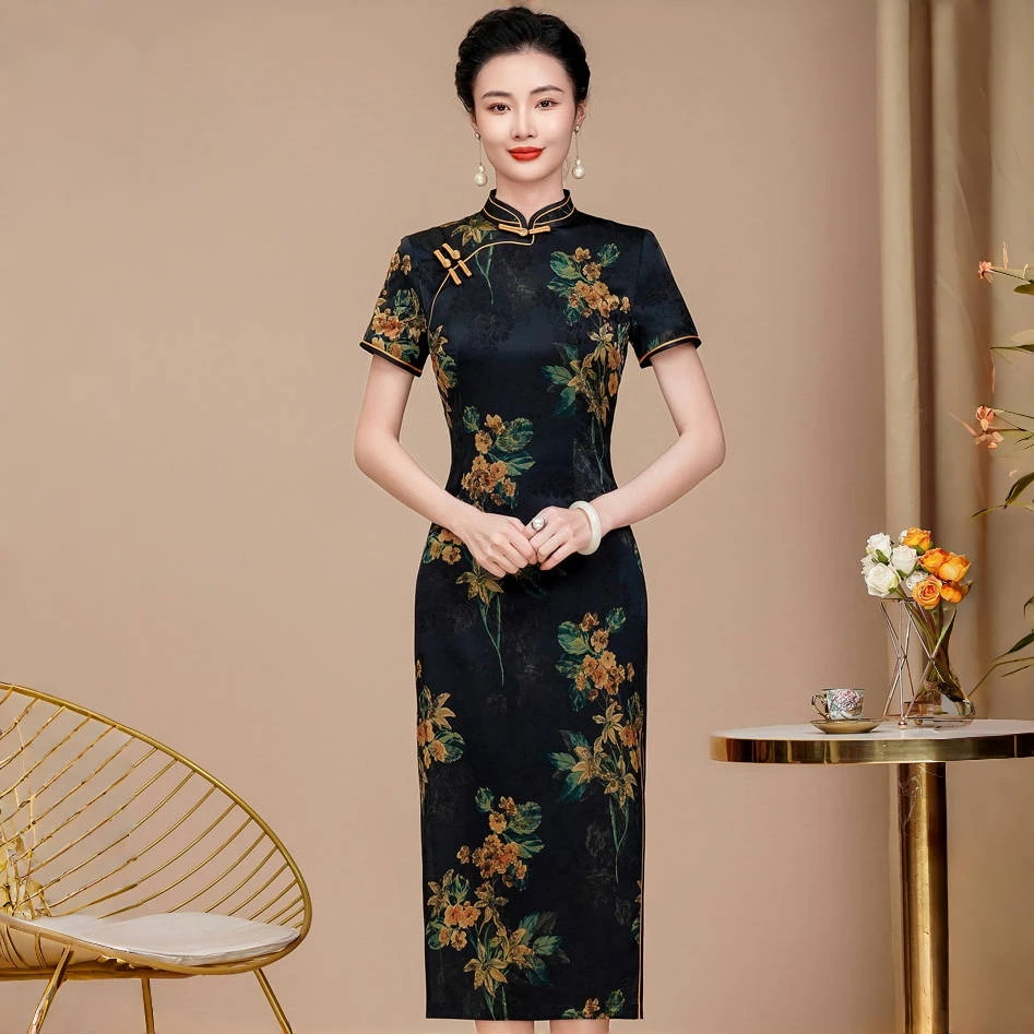改良新中式旗袍女复古连衣裙印花修身新款夏季气质民国风显瘦日常