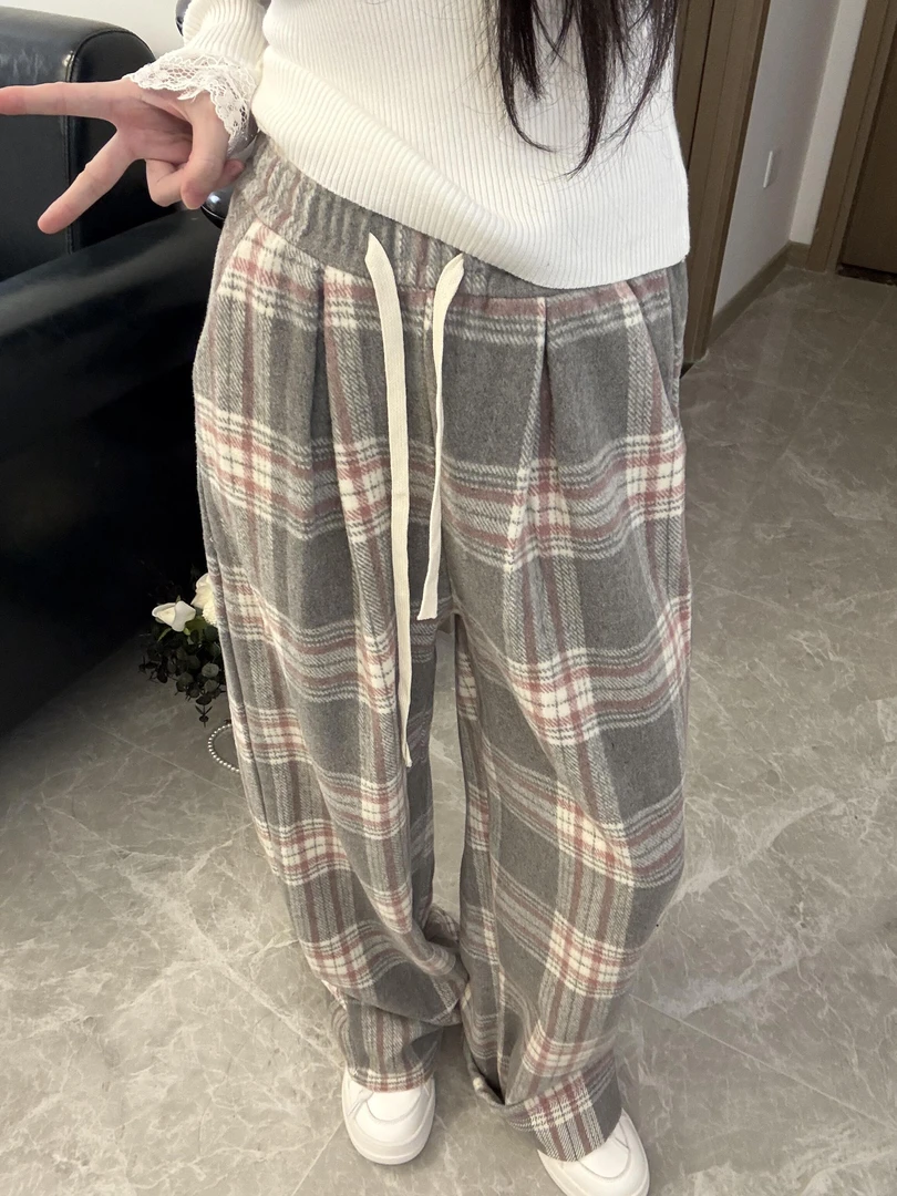 韩系慵懒风灰粉格子休闲裤女秋季新款高腰宽松显瘦梨形直筒阔腿裤