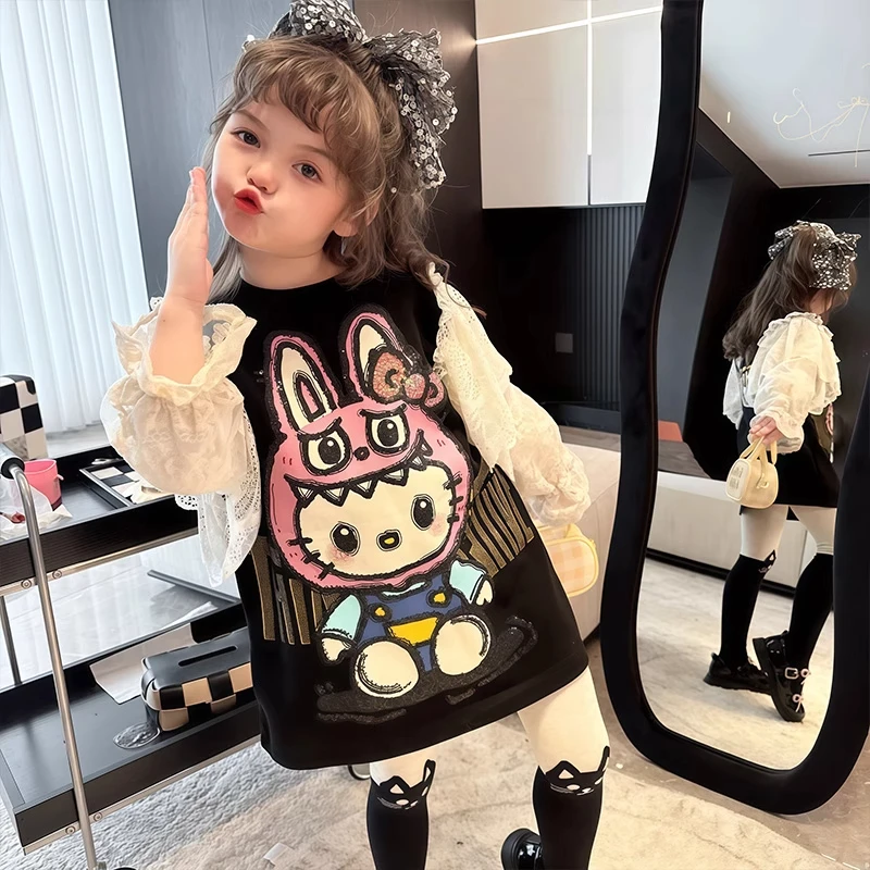 女童连衣裙春秋款2025新款儿童拉布布T恤裙秋季女孩洋气蕾丝卫衣