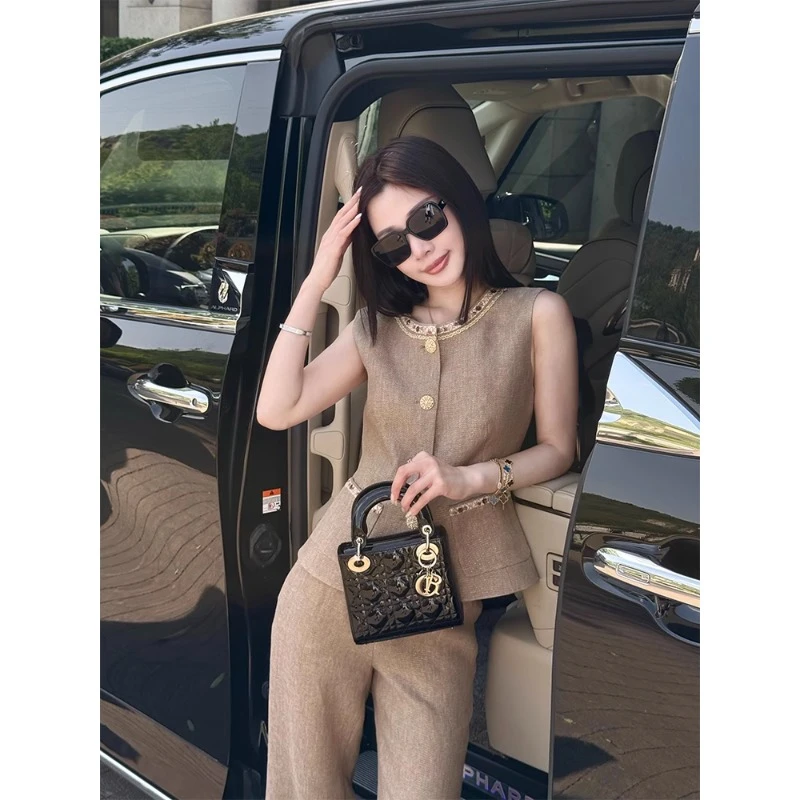 0791大方气质名媛气质轻奢高级感小香风卡其色马甲套装裤