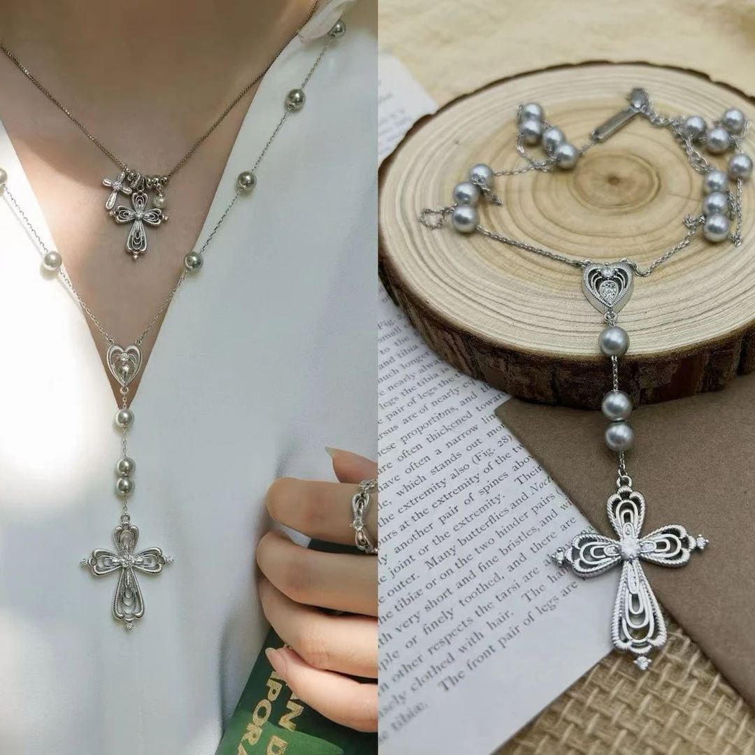 B474银色十字花花串珠项链