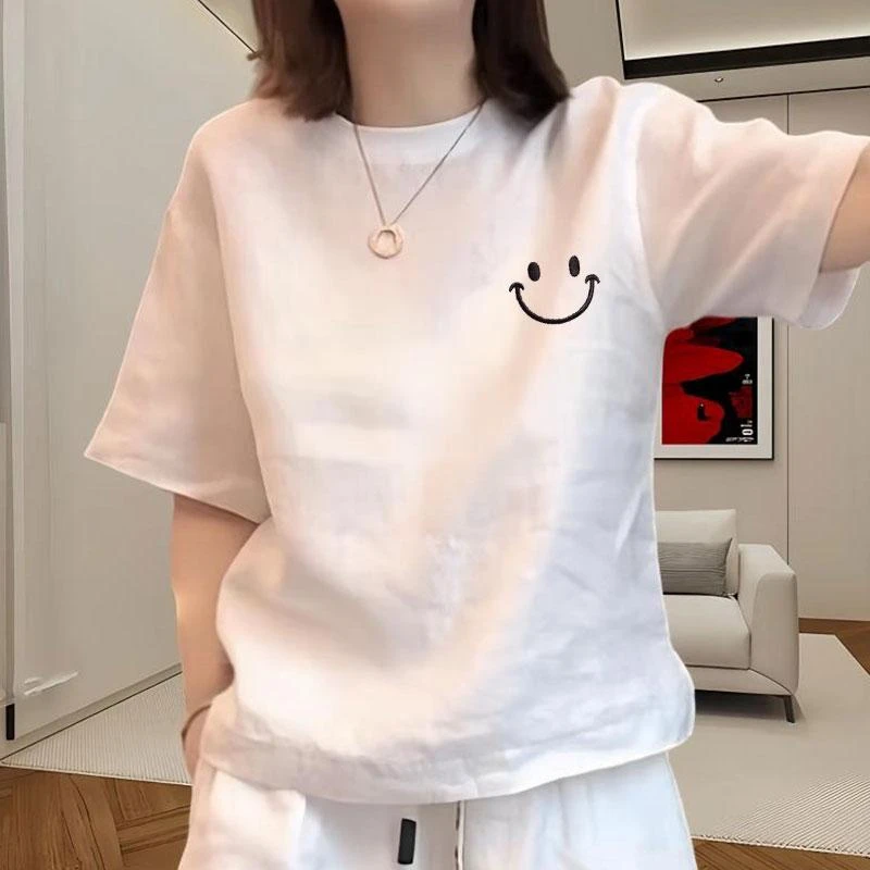 高档纯棉短袖t恤女士夏季2025新款宽松休闲半袖洋气百搭白色体恤