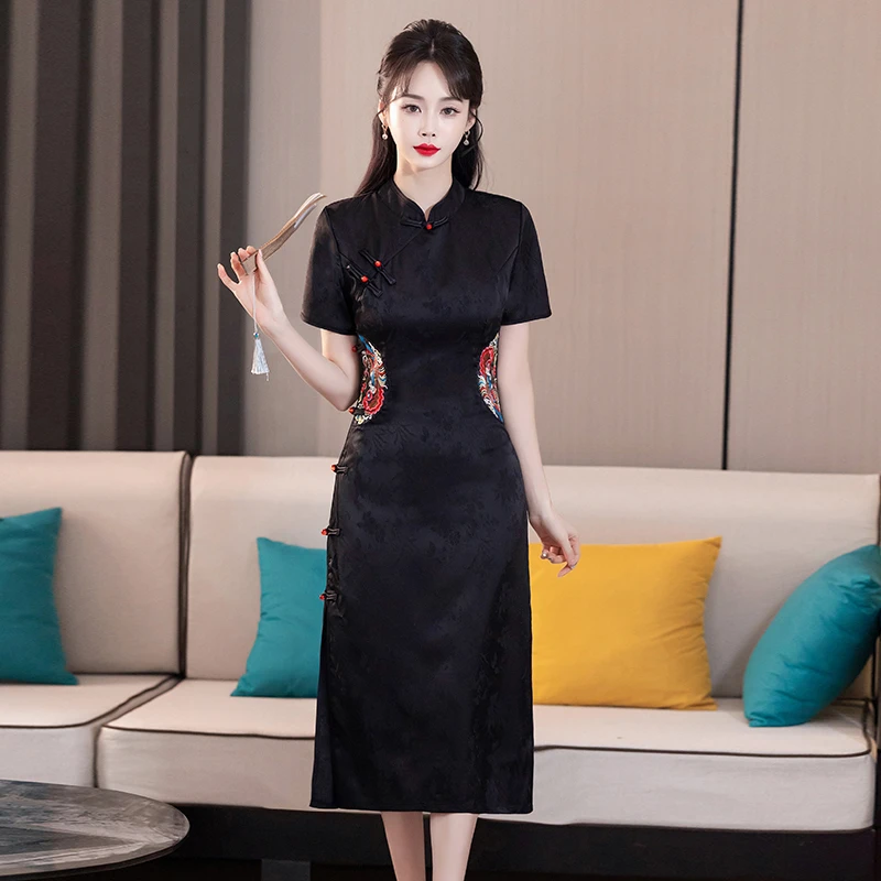 2025夏季新款大码女装胖mm90-180斤黑色收腰显瘦改良旗袍连衣裙