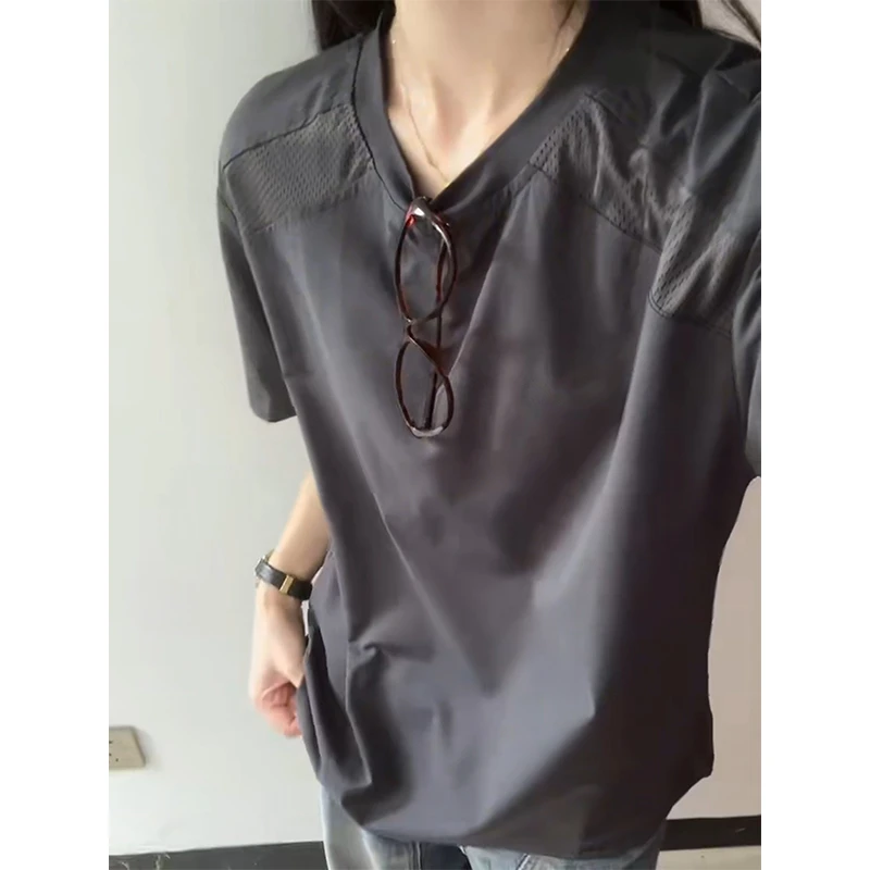 白色网眼拼接透气速干短袖男款夏季薄款冰丝凉感t恤正肩运动半袖