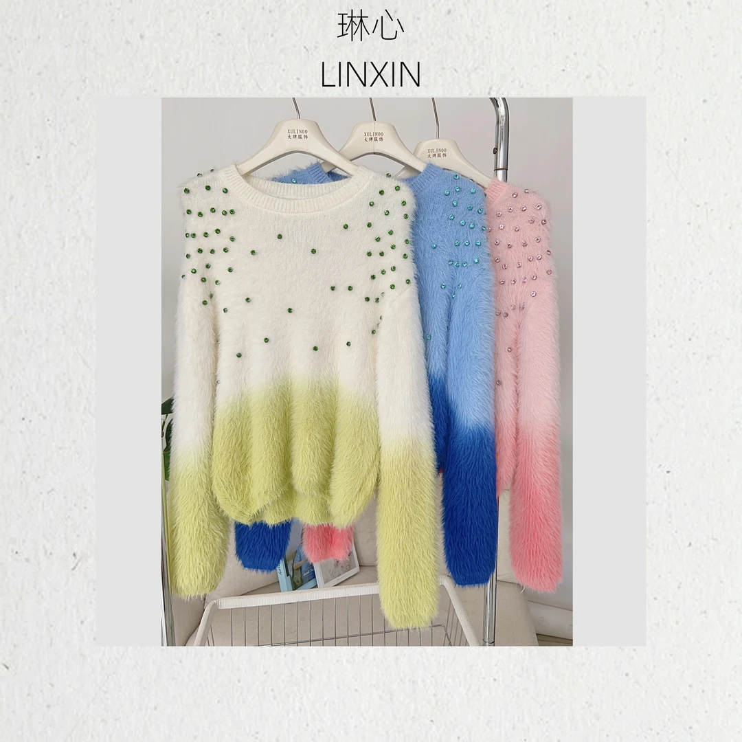 秋冬时尚百搭休闲气质重工镶钻变色套头针织衫 QJR1526