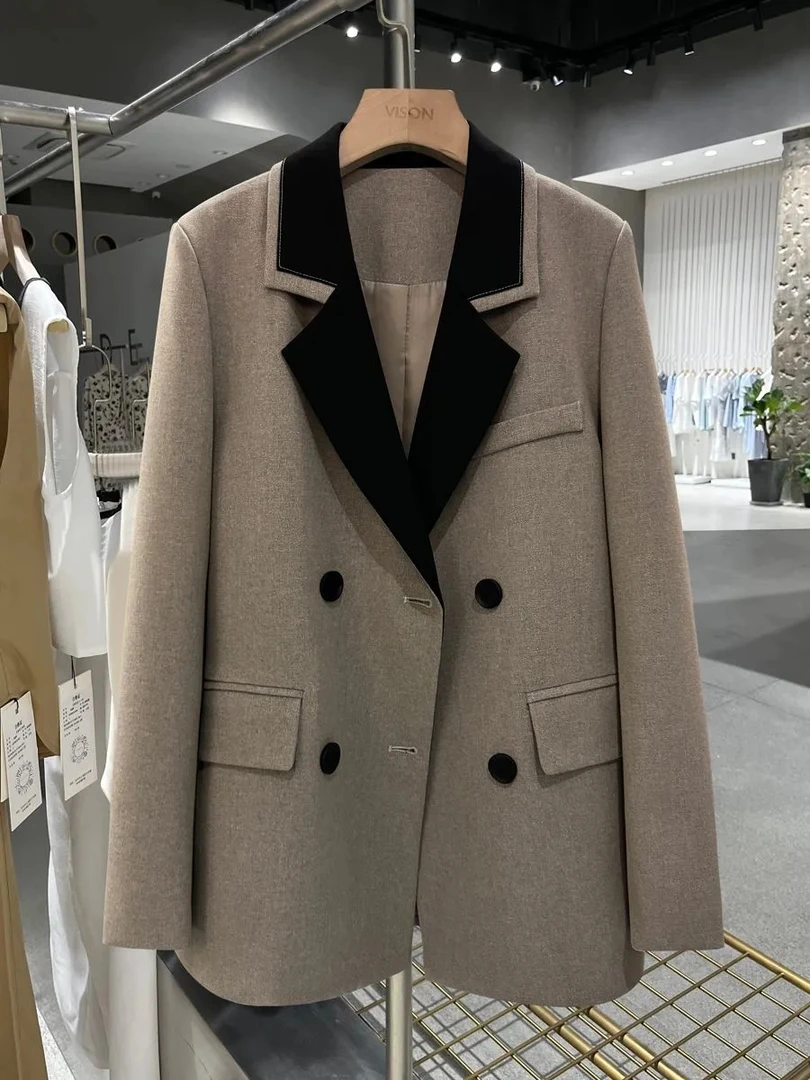 16020#秋冬新款今年流行别致西服女灰色高级质感撞色拼接西装外套