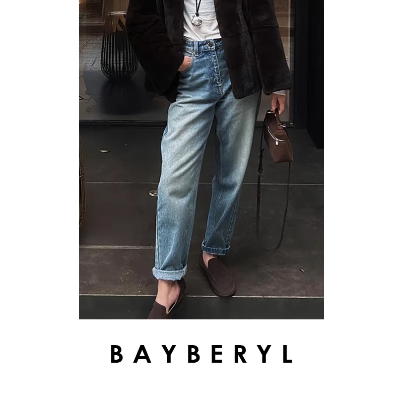 BAYBERYL老贝擦色牛仔vin西班牙复古水洗九分牛仔裤NZK4E2004