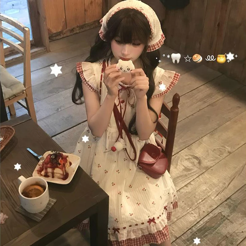 学生连衣裙女夏季新款日系甜美可爱樱桃碎花初中生大童少女短裙潮