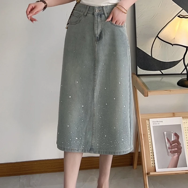 5732烫钻牛仔裙2024夏季新款高腰显瘦时尚气质百搭开叉直筒半身裙