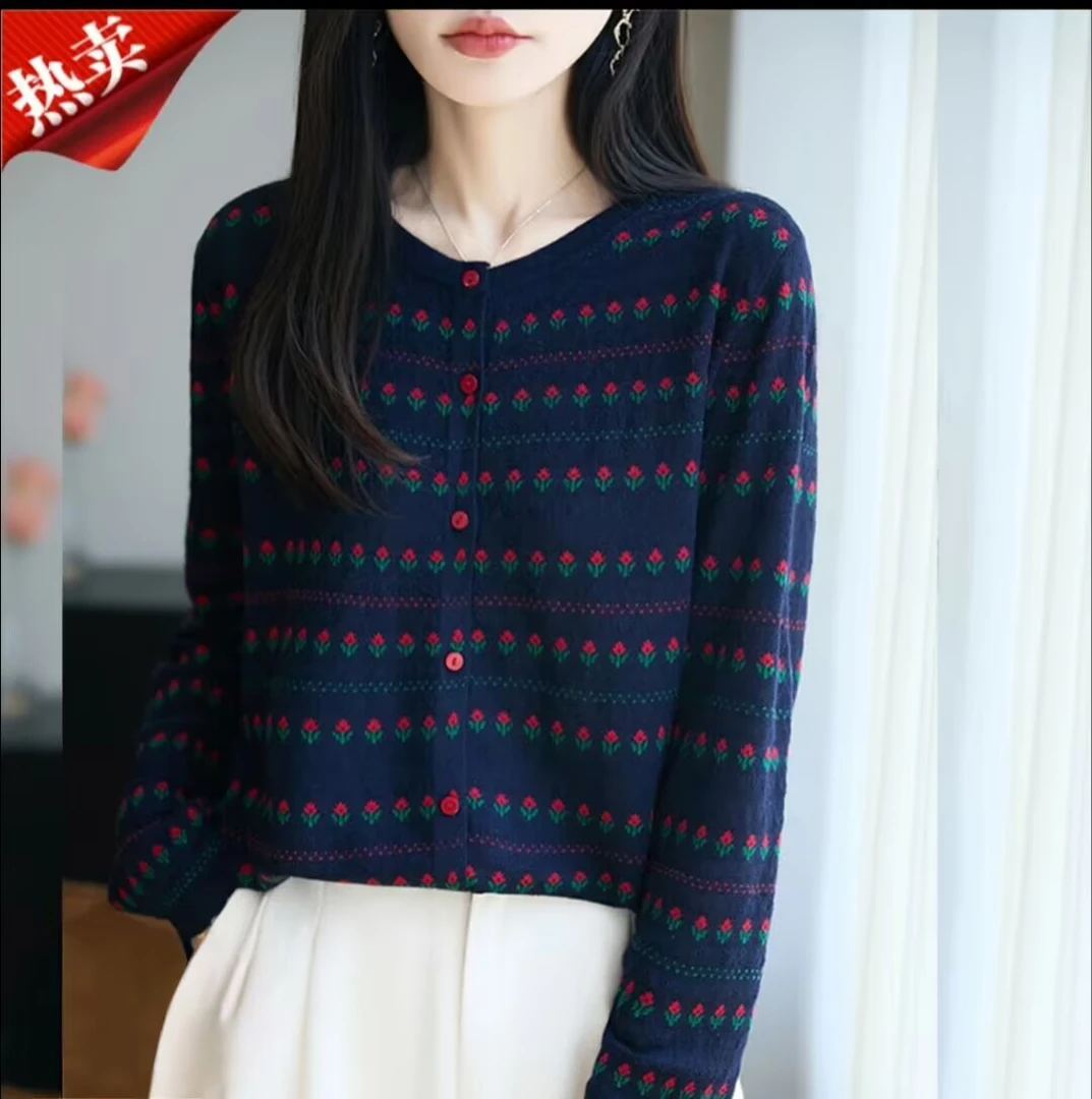 恒彩源小花韩系流行时尚潮牌女装早秋新款针织开衫百减龄毛衣