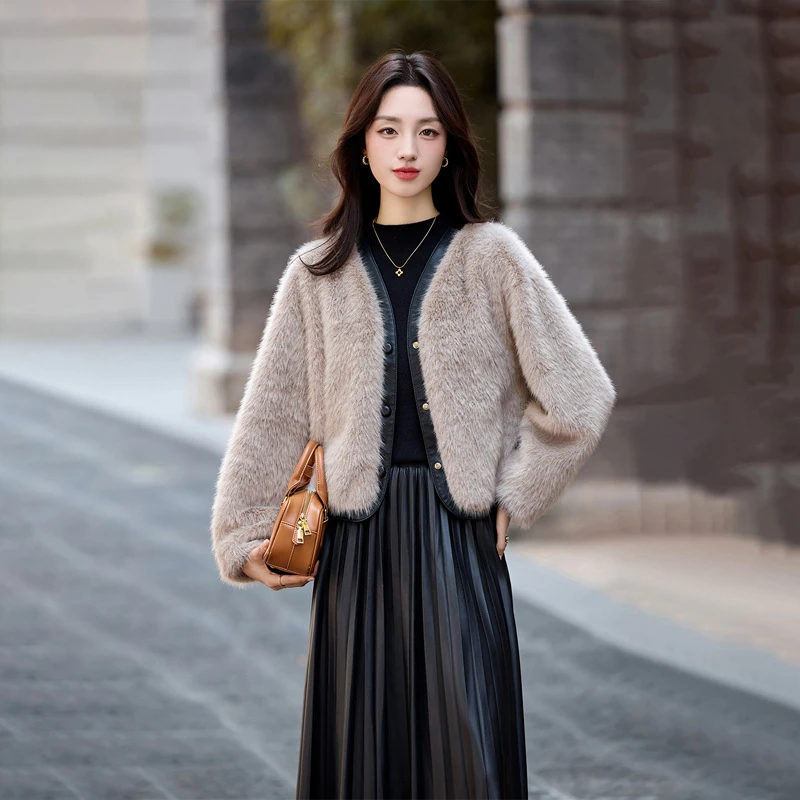 秋冬装外套加厚保暖上衣女装新款皮毛一体毛毛气质外套