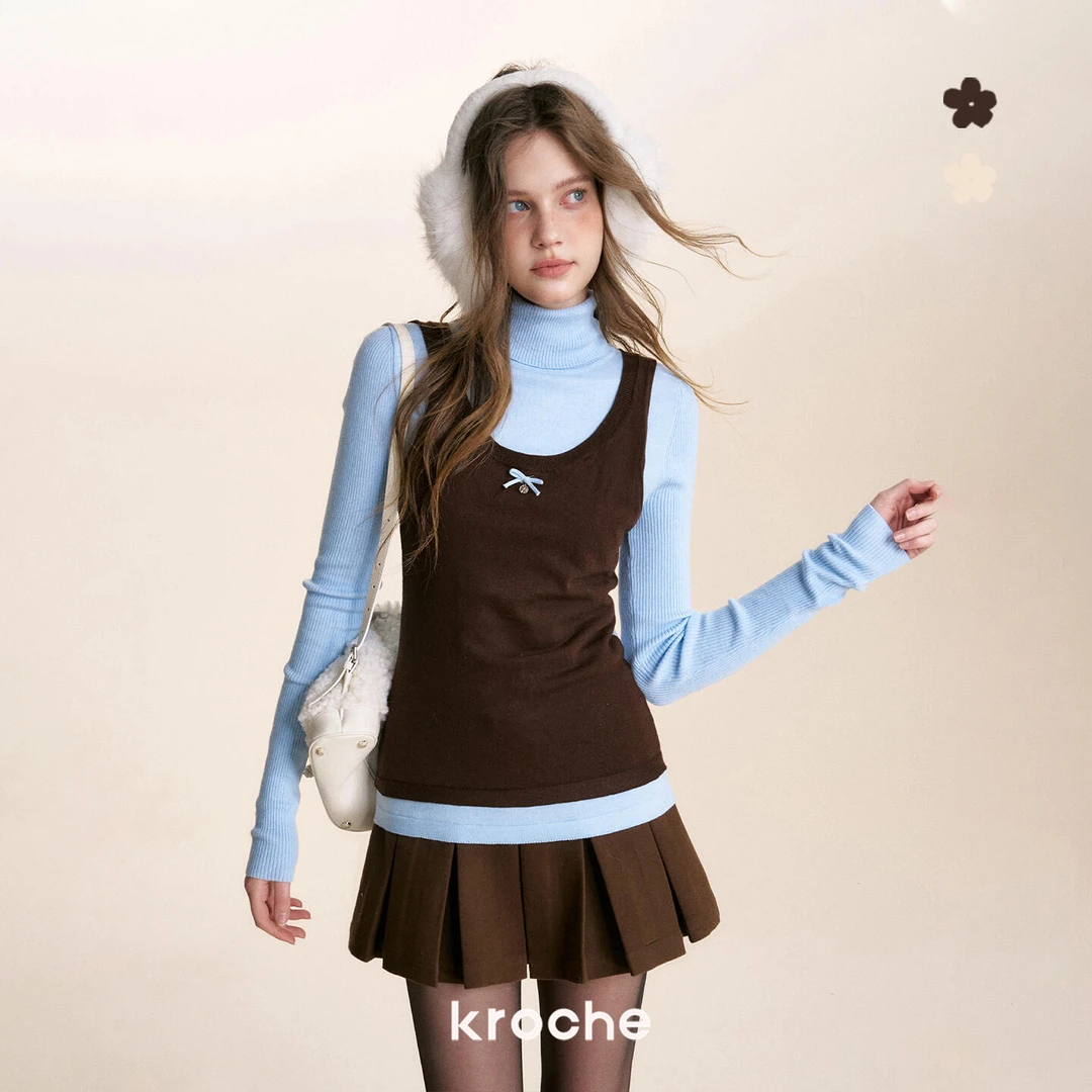 《旺旺雪宝专属》Kroche 假两件背心长袖针织高领打底衫