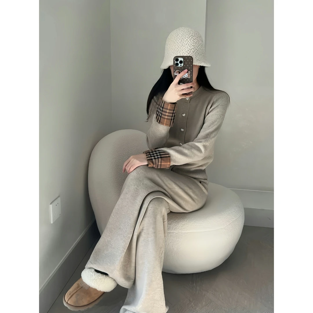 慵懒感通勤小众穿搭两件套显瘦百搭长袖开衫高腰垂感休闲阔腿裤女