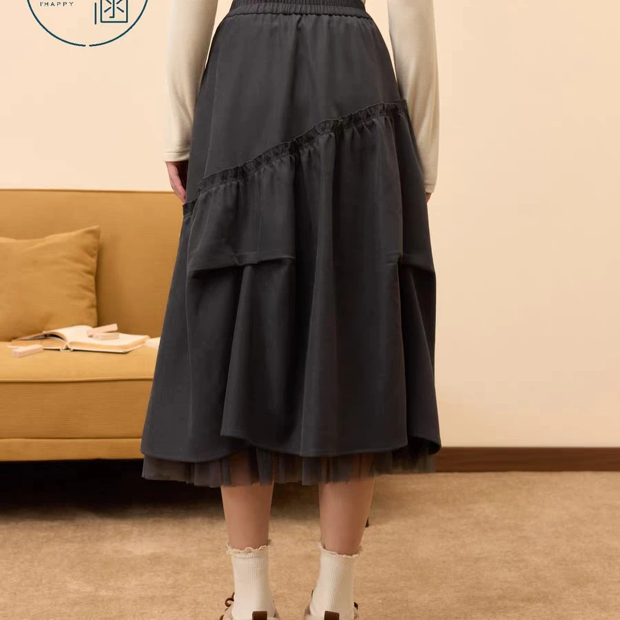 高腰A字捏褶网纱拼接木耳边松紧半身裙女冬季中长款