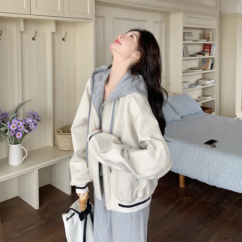 UQS女秋季灰色外套2025新款时尚休闲假两件连帽小个子短款夹克