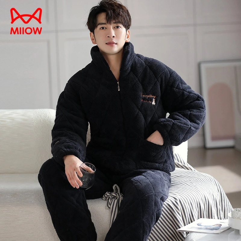 猫人珊瑚绒男士睡衣冬款三层夹棉加厚加绒保暖冬季男款家居服套装