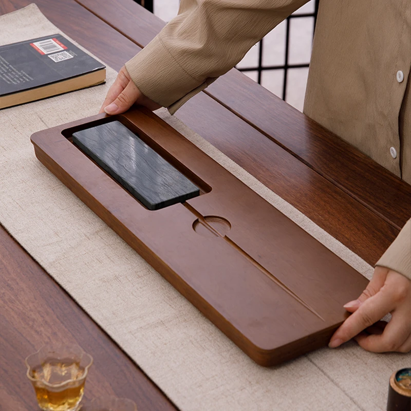 重竹茶盘禅意乌金石茶盘家用整块茶台简易茶海排水功夫茶具托盘