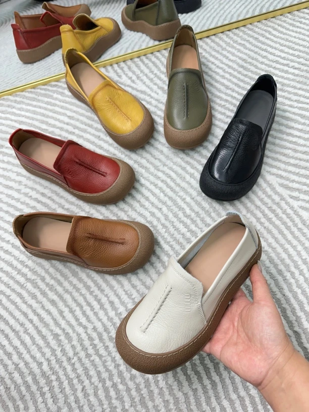 复古牛皮软底一脚蹬休闲豆豆鞋