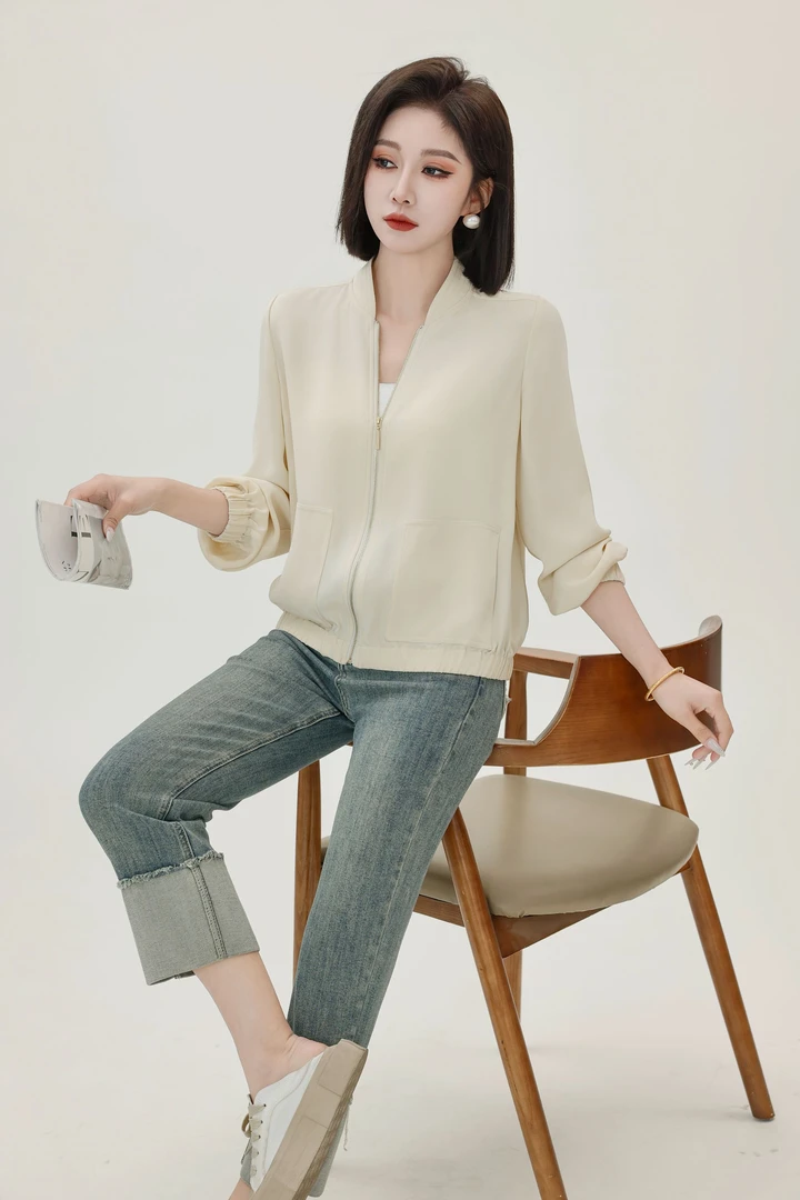 【F·J】小禾同款-棒球服重皱重磅桑蚕丝外套女装上衣长袖女MFA2501