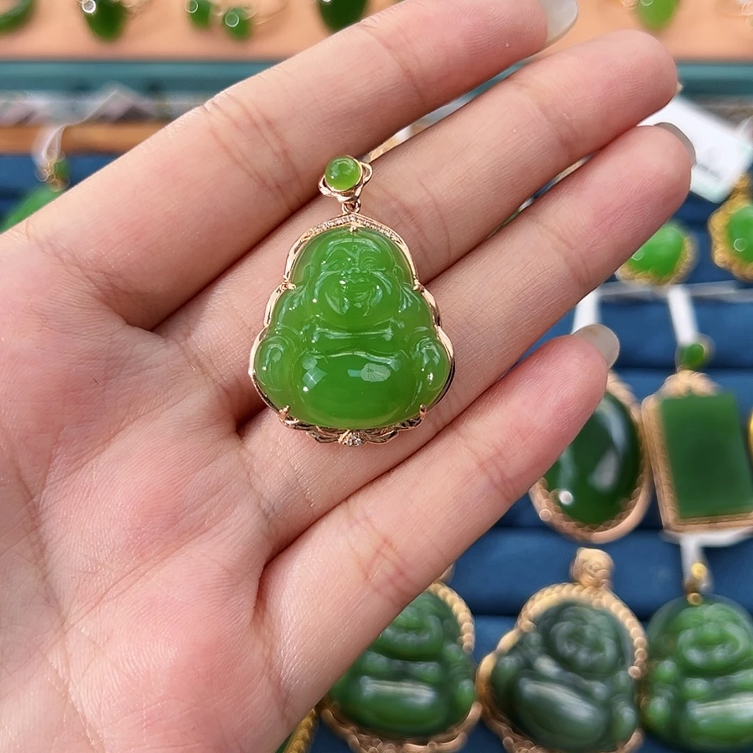 和田玉（碧玉）18K金镶嵌吊坠(不含链)苹果绿佛公23mm