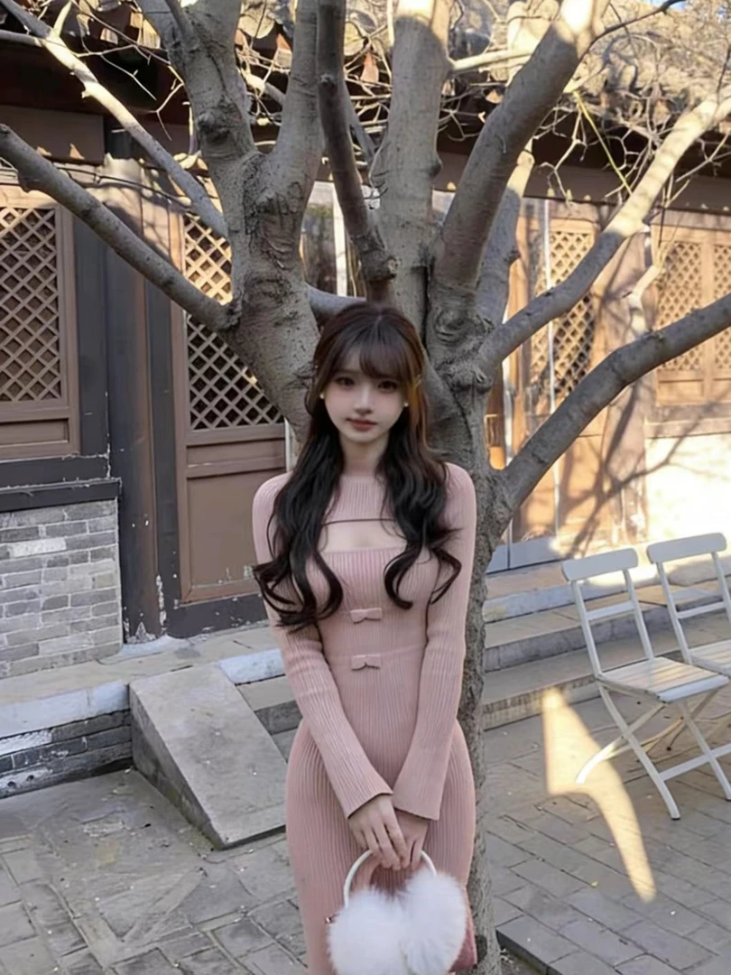 粉色镂空高领长袖针织连衣裙女秋冬法式气质辣妹收腰修身包臀长裙