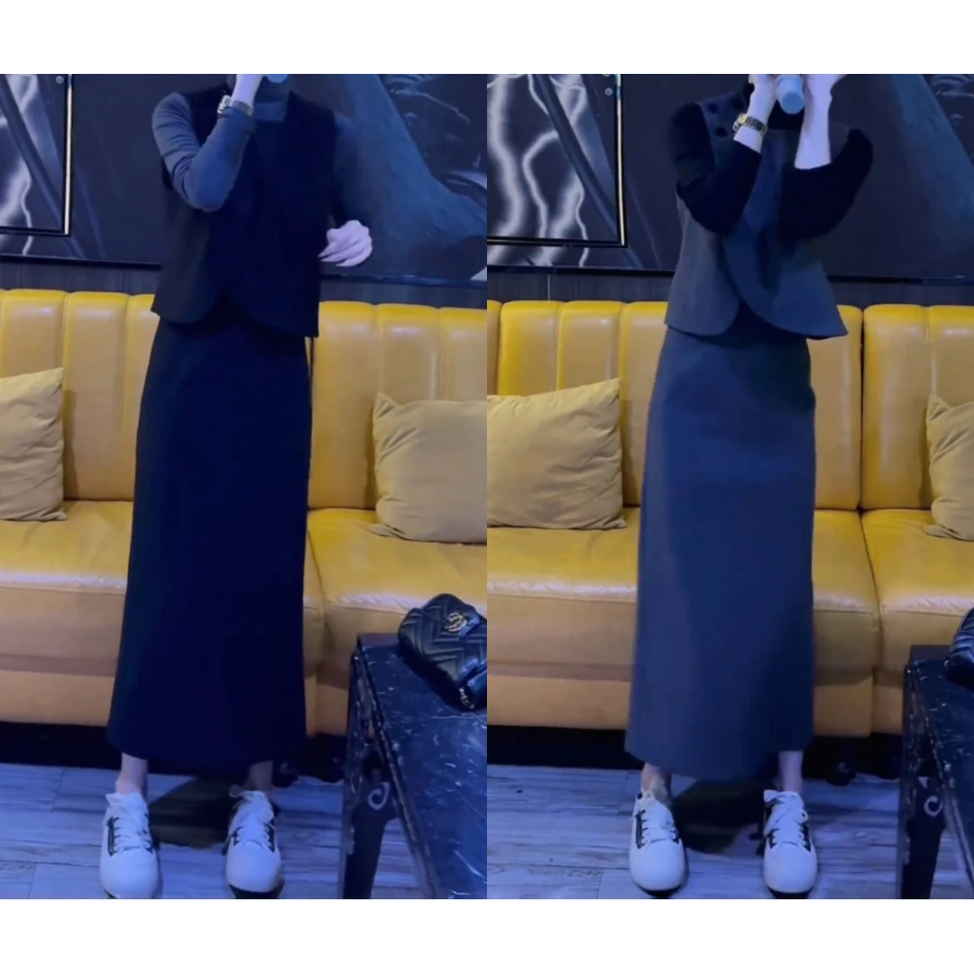 哥弟阿玛施正品深秋初冬套装女感时尚名媛小香风黑色马甲打底衫半