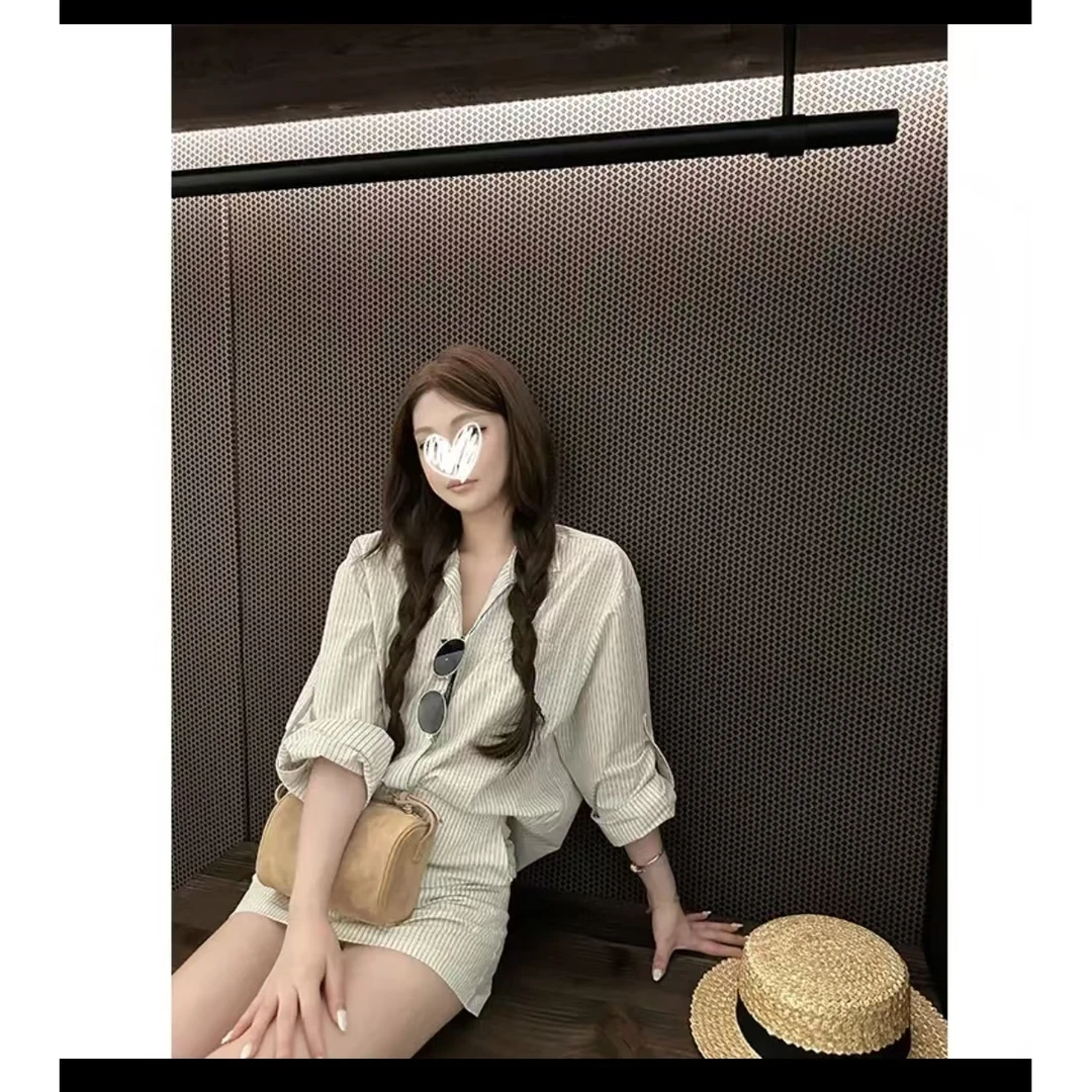 长岛冰茶 腔调感时尚简约条纹衬衫女夏长袖防晒衬衣外套+短裙