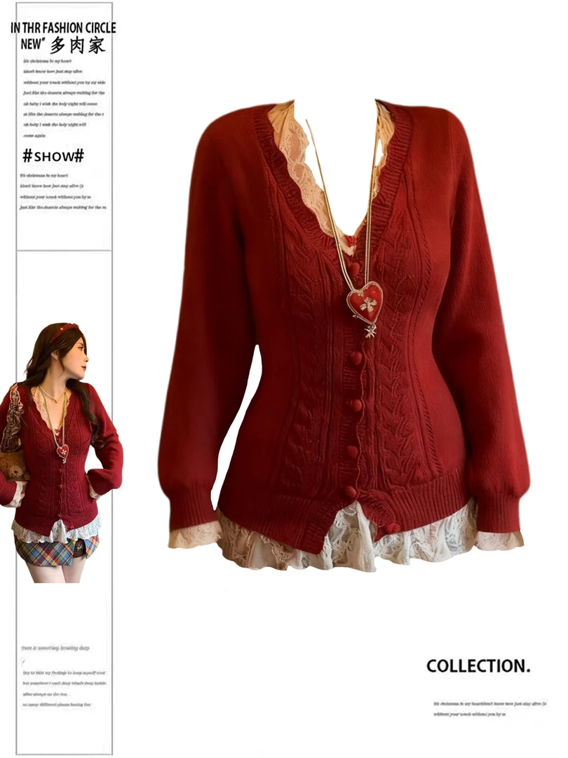 大码法式圣诞穿搭红色拼接蕾丝V领针织开衫女秋冬季胖MM显瘦毛衣