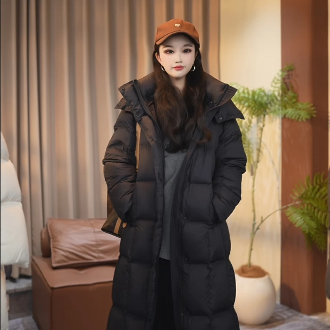 秋冬方格长款90白鸭绒羽绒服加厚时尚简约外套