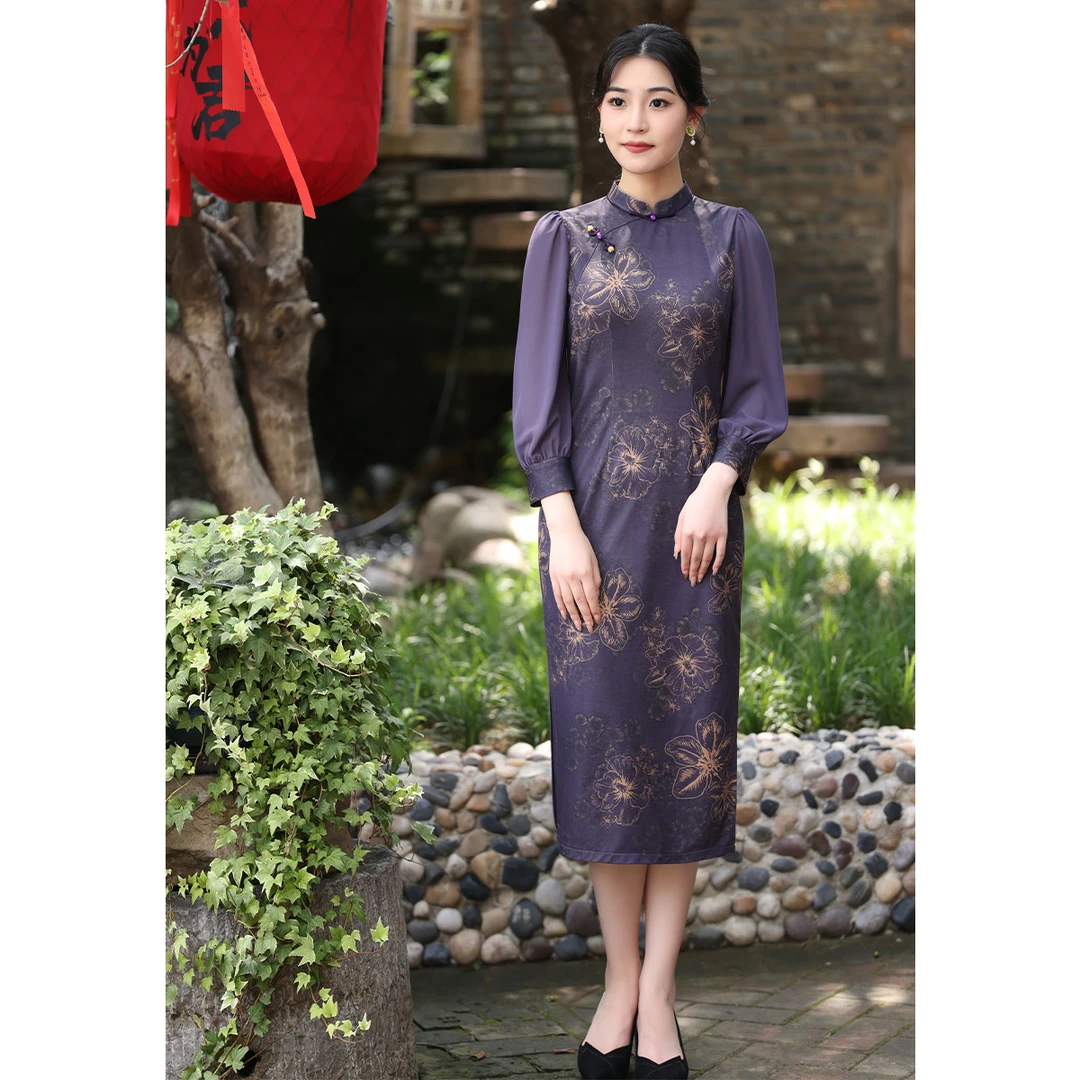 （崔万志旗袍）改良立领七分袖气质显瘦开叉旗袍连衣裙DW5445