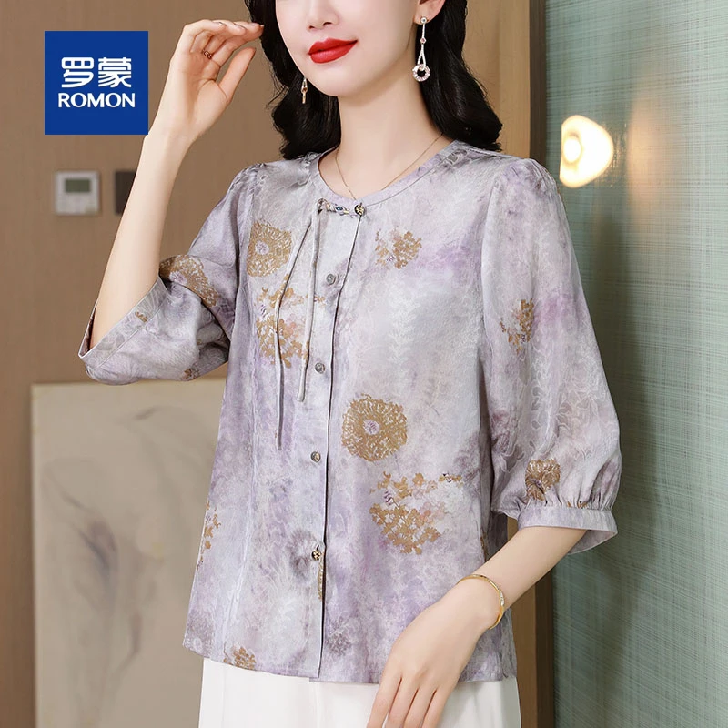 罗蒙新中式妈妈夏装七分袖高档雪纺衬衫套装洋气中老年印花小衫女