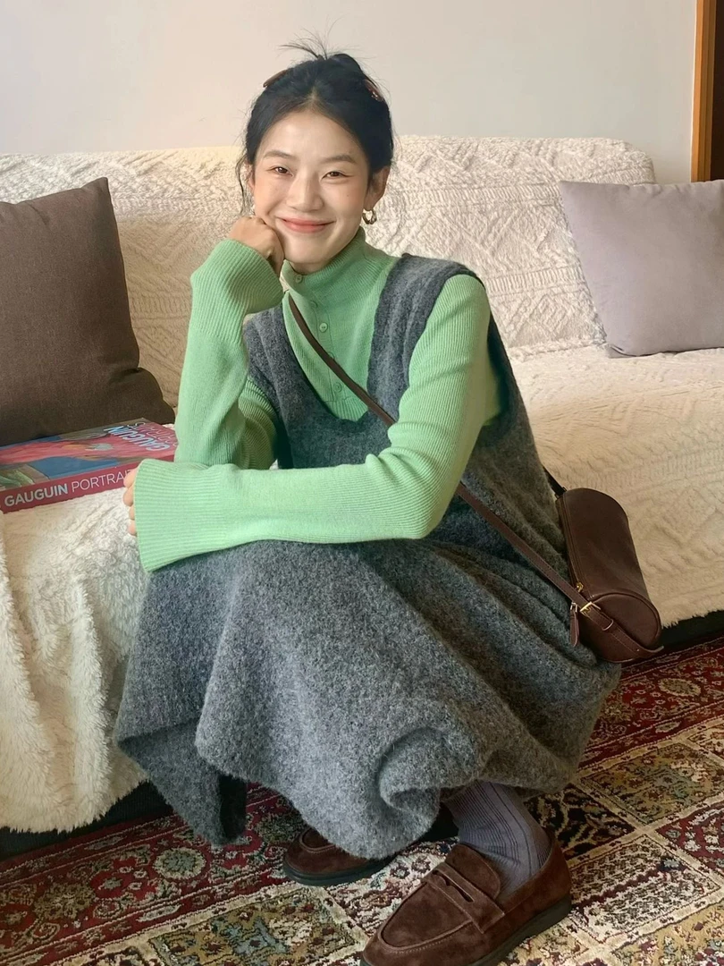 温柔高知U领绞花针织背心连衣裙女秋冬季韩系内搭叠穿长裙两件套