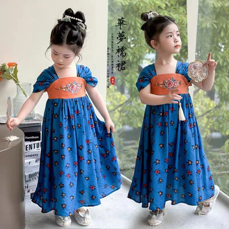 儿童旗袍女童夏装2025新款中国风新中式汉服碎花蓝色连衣裙上衣潮