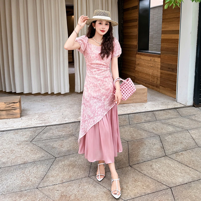 夏季法式时尚复古名媛气质修身显瘦收腰开叉国风中长款碎花连衣裙