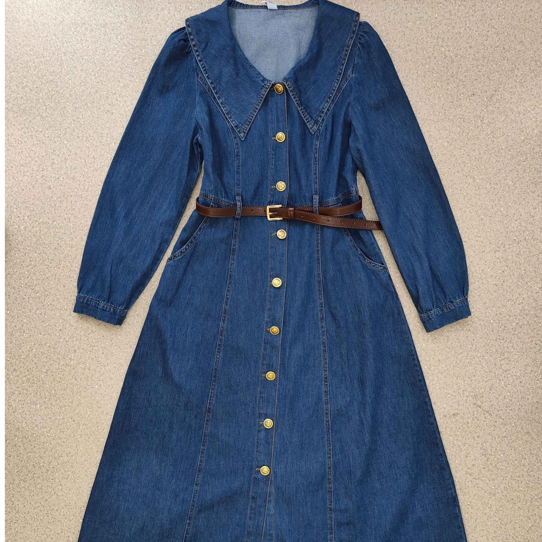 KYL可依莱-翻领收腰牛仔连衣裙休闲显瘦单排扣中长裙DQ5I0905