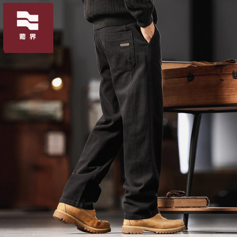 美式复古重磅休闲裤男秋冬季加绒保暖潮牌宽松直筒炒洗工装长裤男