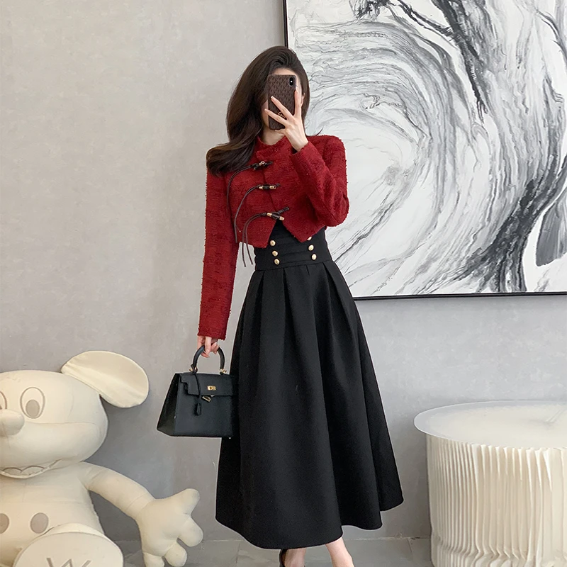 新中式复古小香风套装裙春季新款红色短上衣半身a字裙两件套