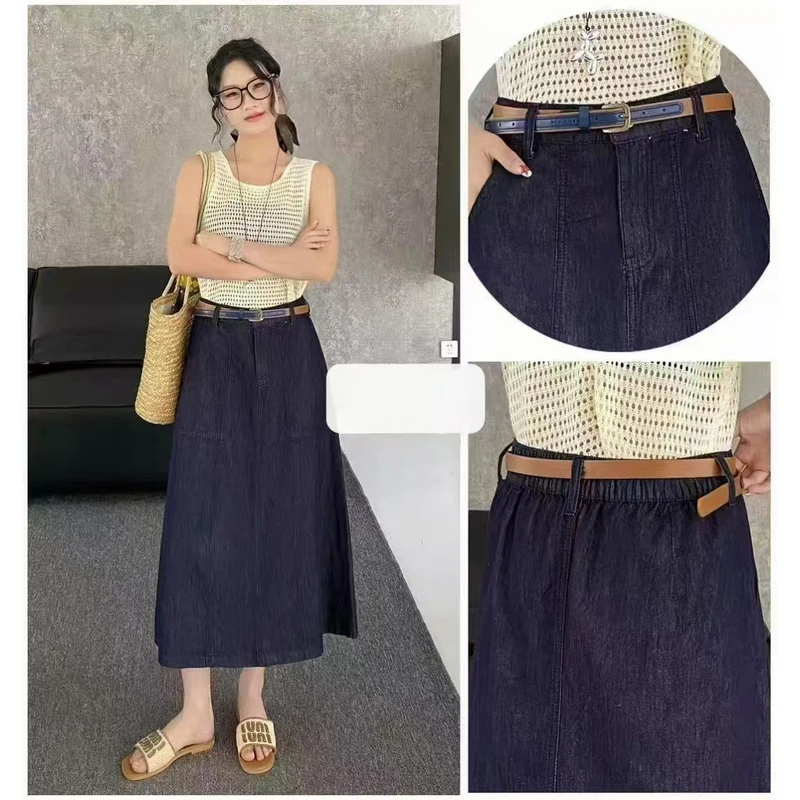 薇莎6785【现货】深蓝色弹力牛仔半身裙A字裙（无皮带）