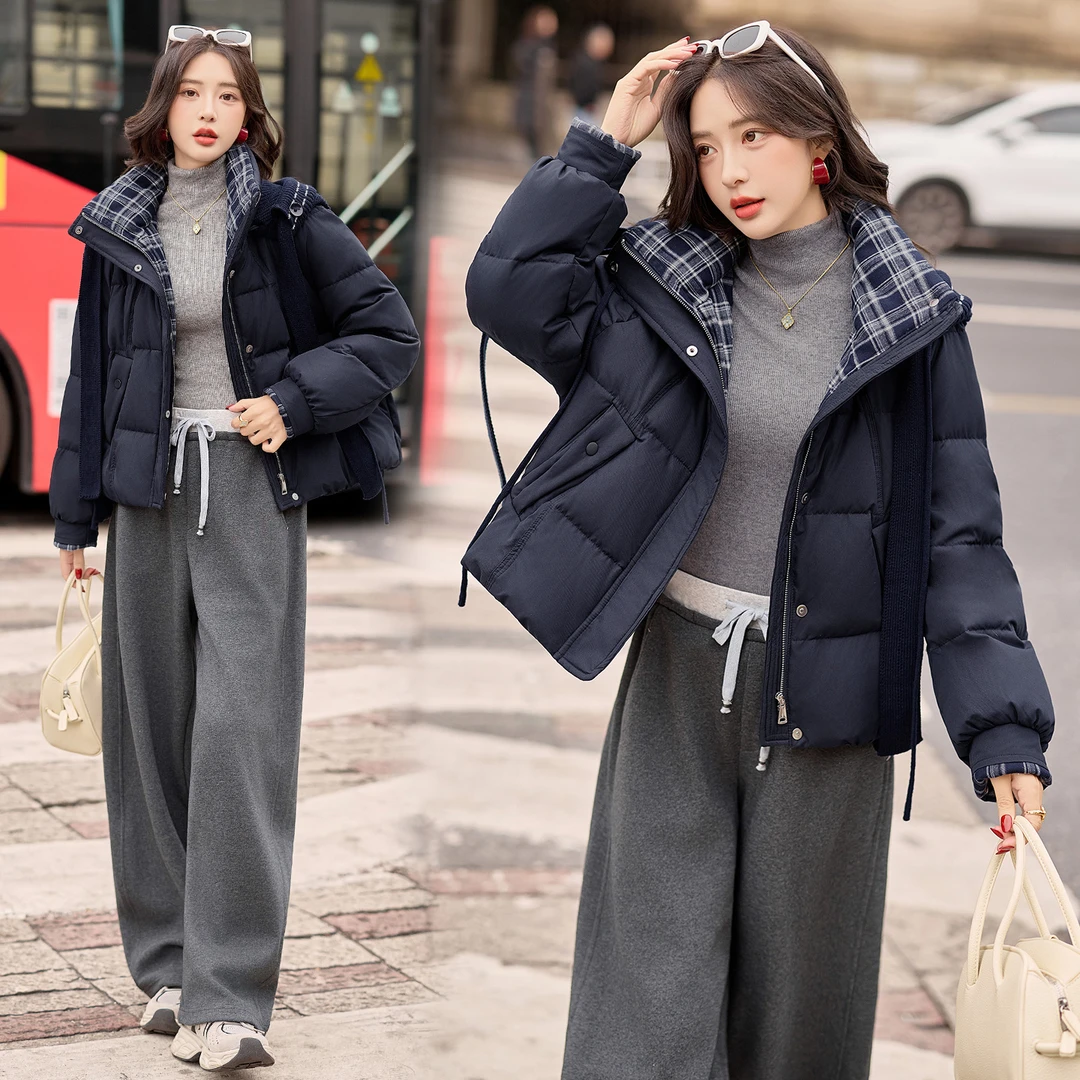 针织帽子可拆卸羽绒服女2025冬季新款小个子时尚百搭格子撞色外套