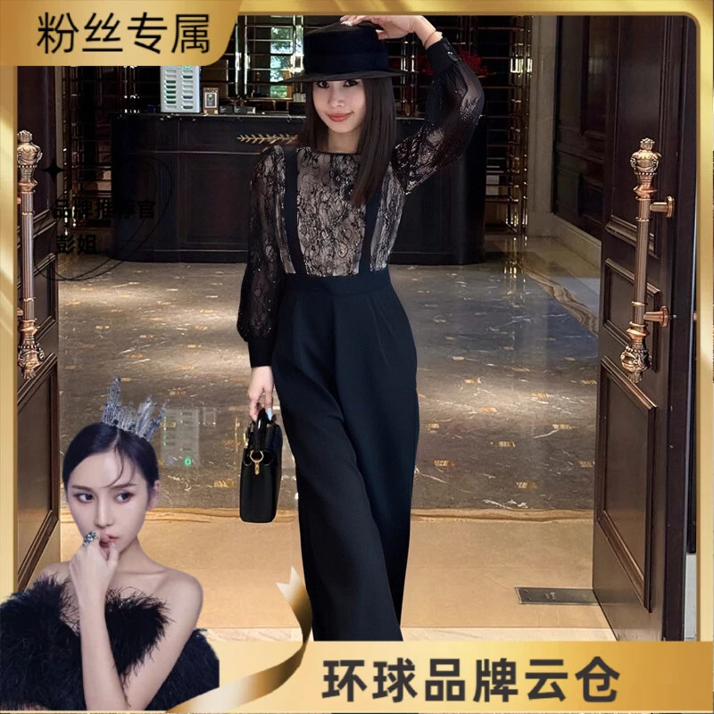 2025年春秋季新款时尚气质洋气设计感蕾丝拼接高腰连体裤女D3481