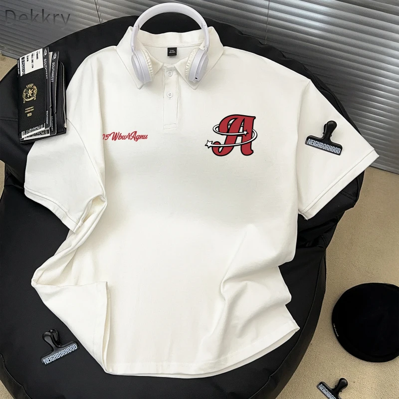 【Dekkry】夏季休闲百搭白色翻领美式设计感字母纯棉Polo衫短袖男