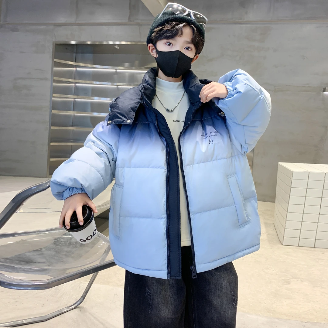 男童冬季加厚棉服2025新款中大童休闲渐变连帽保暖加厚棉袄