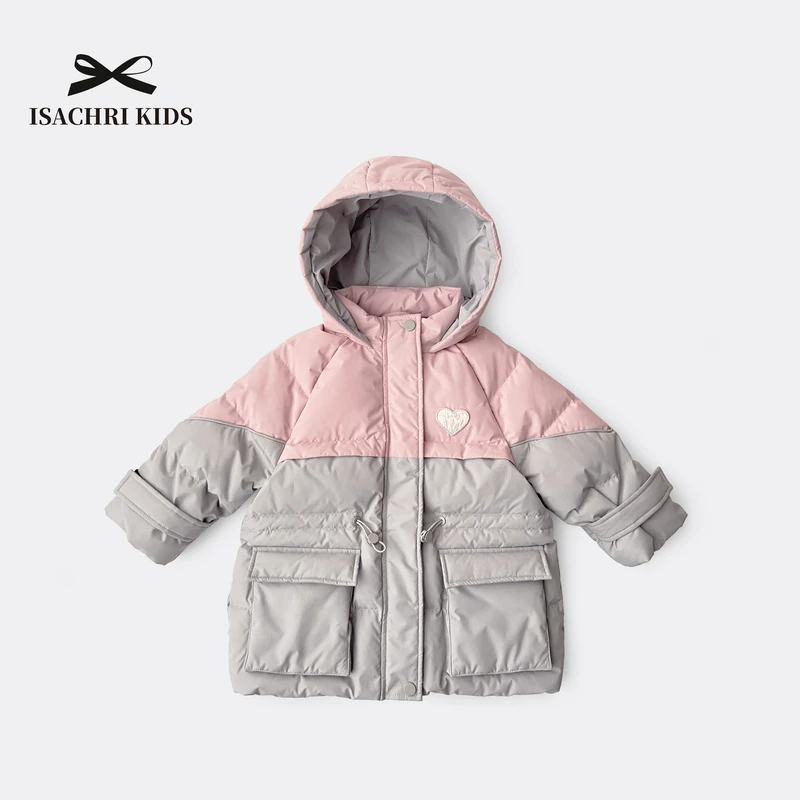 【6.18反季清】拼色桃心儿童连帽羽绒服中长款加厚白鸭绒外套 IS208