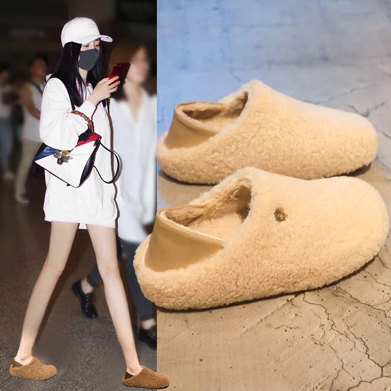 爆款两穿毛毛鞋女秋冬2025新款一脚蹬懒人百搭羊羔毛加绒乐福棉鞋