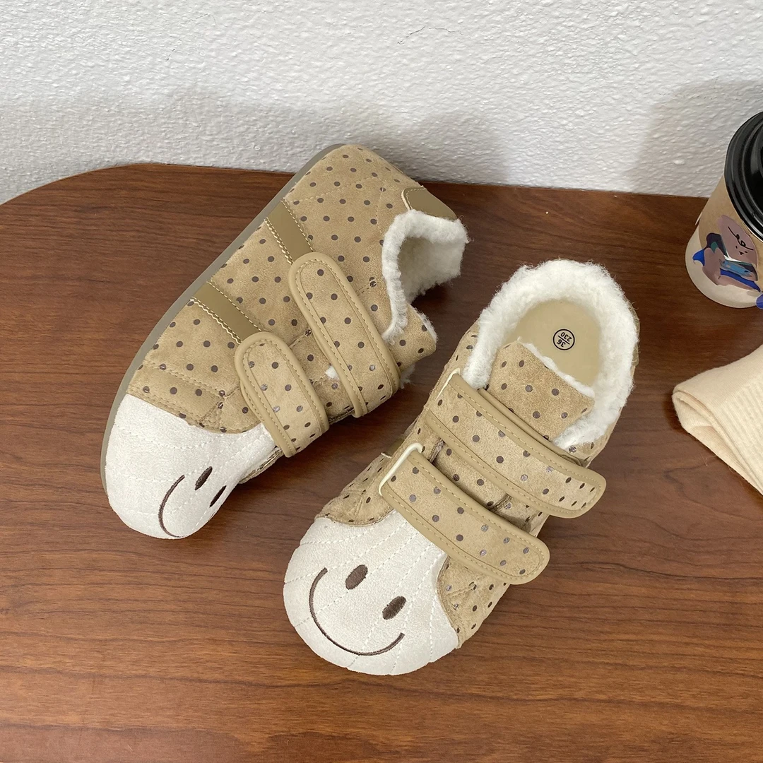 卡其色魔术贴加绒笑脸德训鞋2025冬季新款保暖软底显小脚百搭棉鞋