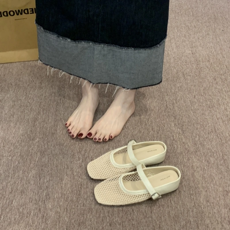 羊皮版~法式透气网纱穆勒半拖鞋女软底方头内增高一字带渔网凉鞋