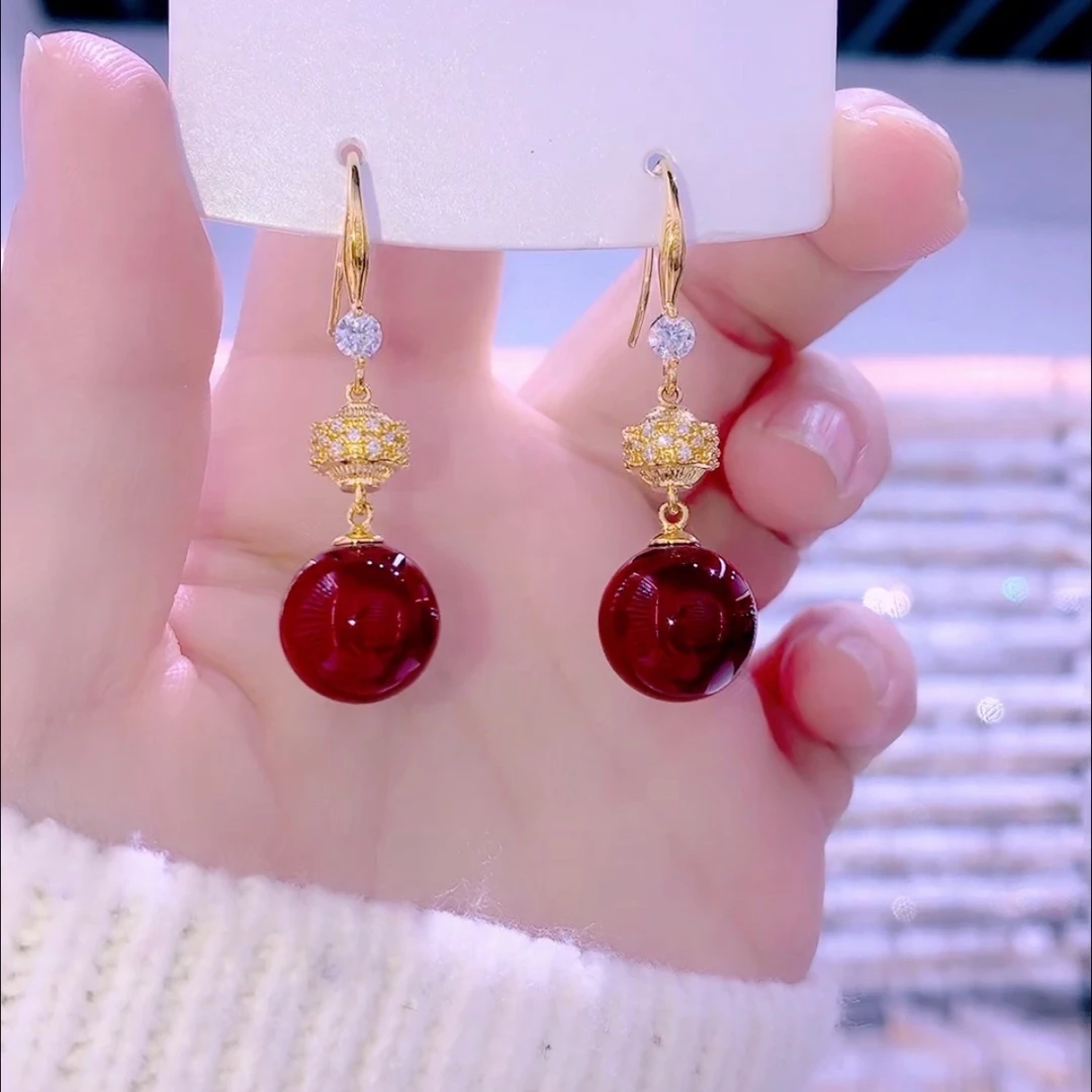 铜合金合成锆石耳饰 新款红色珠珠挂钩名媛气质女士耳饰