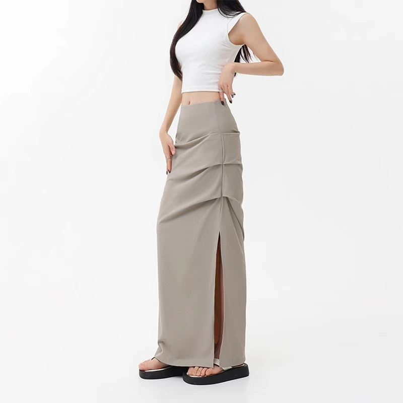 梨形身材小个子美式辣妹侧开叉半身长裙女夏薄款高腰显瘦褶皱裙子